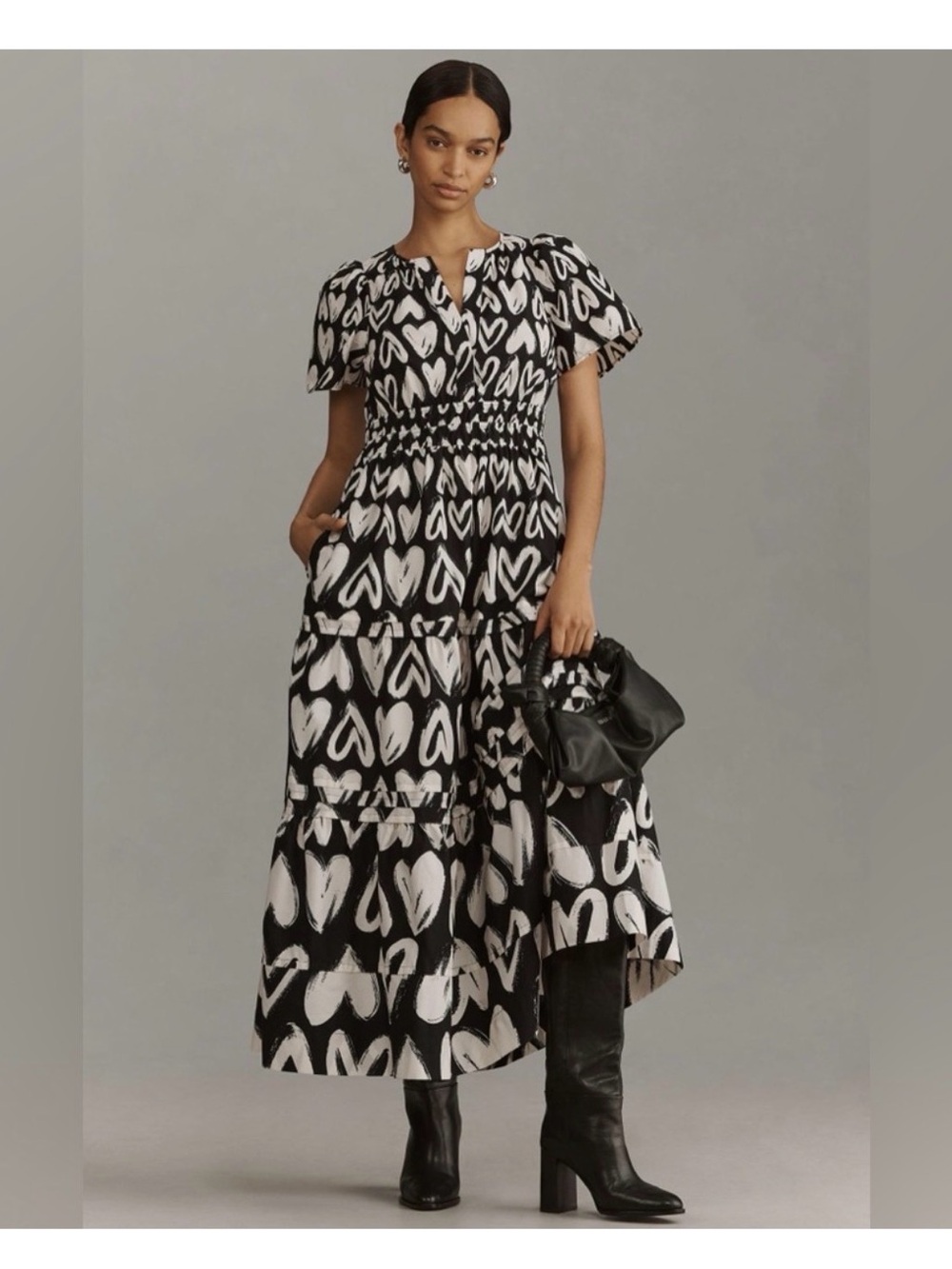 Anthropologie Somerset Black and White Heart-Print Maxi Dress